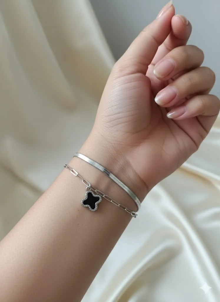 Obsidian Clover Charm Bracelet