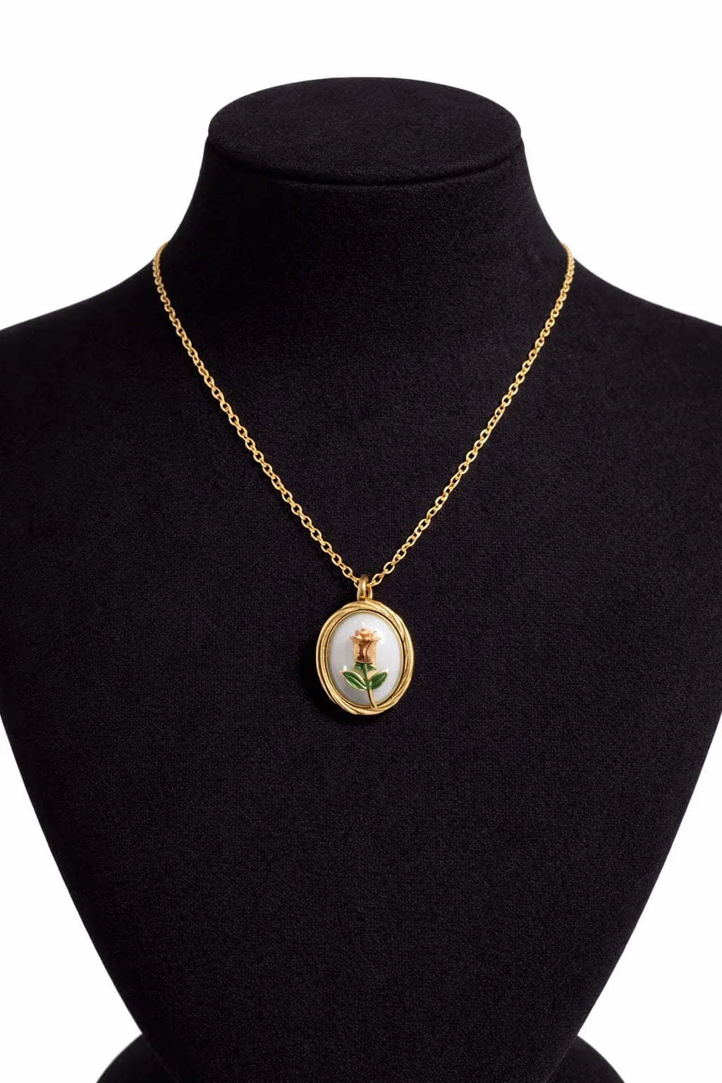 Golden Rose Oval Pendant Necklace